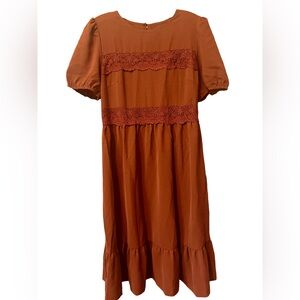 SHEIN Cotton Rust Colored Dress Puff Sleeves, lace detail, elastic waist